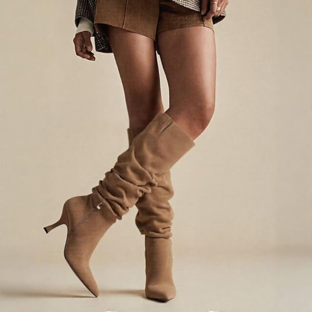 NEW! Knee High Boots for Women Wide Calf Slouchy Tall Boot Kitten-Light Brown